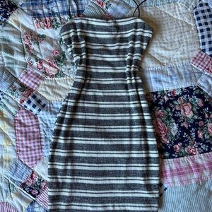 AKIRA Strapless Ribbed Knit Dress in Gray and White Stripes